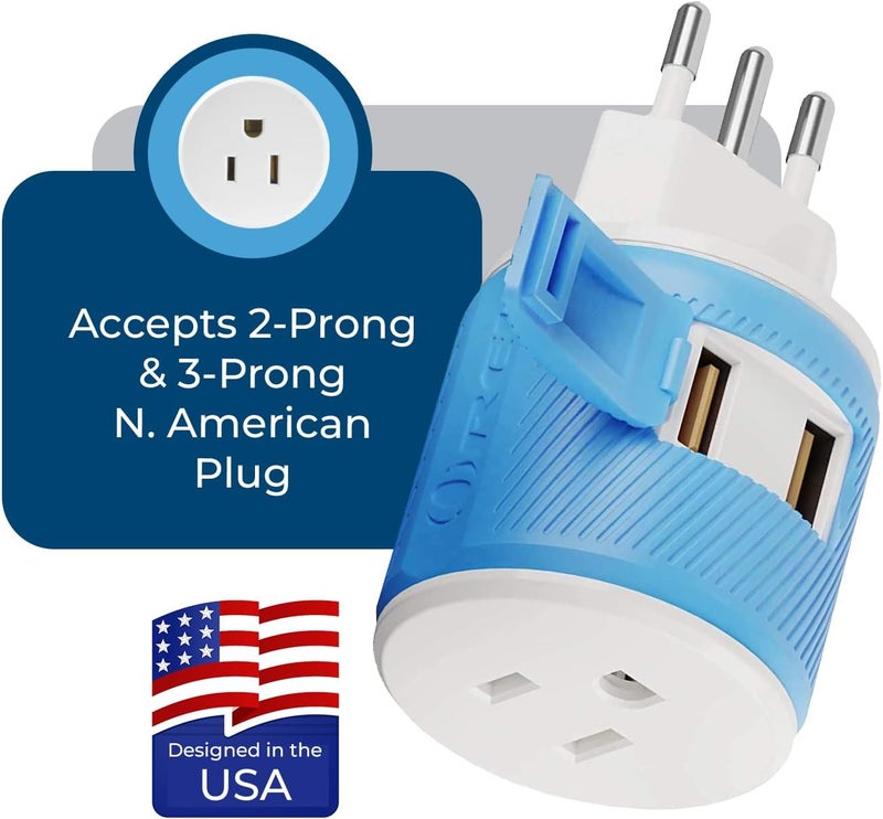 OREI Italy, Uruguay Travel Plug Adapter with Dual USB - Type L (U2U-12A), Will Work with Cell Phones, Camera, Laptop, Tablets, iPad, iPhone and More, Blue - Image 3